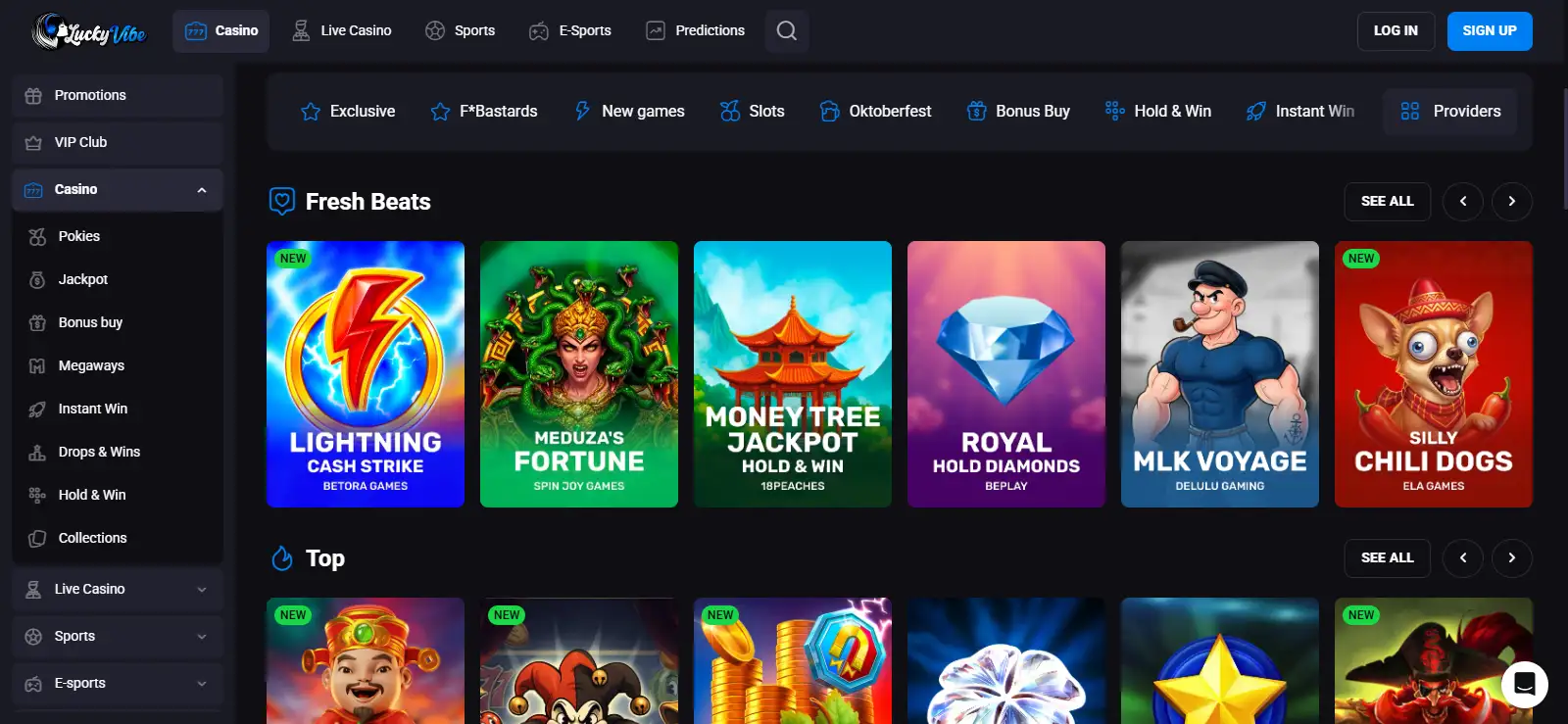 Lucky Vibe English-AU homepage showing Australian localisation