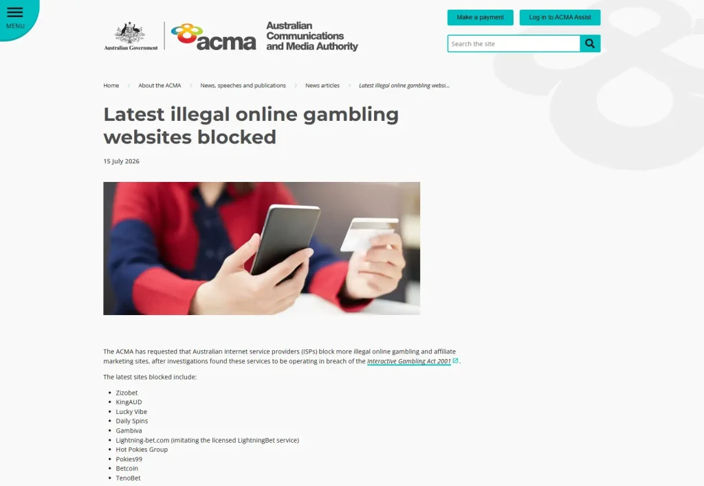 ACMA page listing Lucky Vibe among illegal online gambling websites blocked in Australia