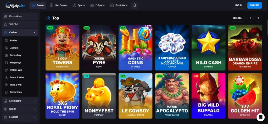 Lucky Vibe Australia casino lobby showing pokies and game categories