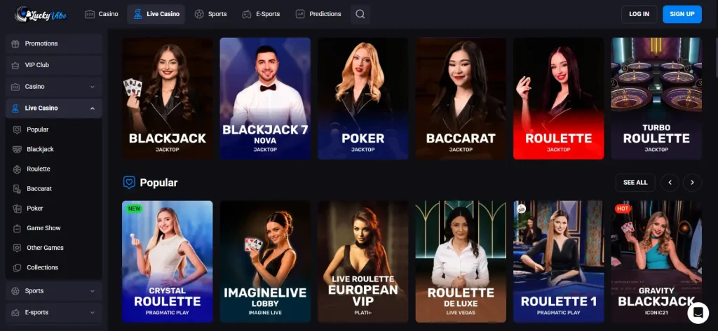 Lucky Vibe Australia live casino navigation with blackjack roulette baccarat poker and game show categories