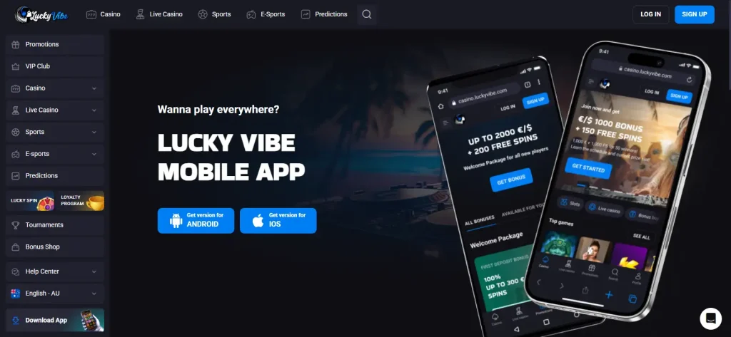 Lucky Vibe Australia mobile website and official web app installation page