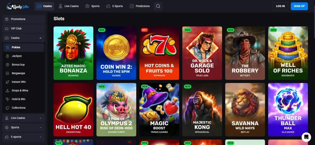 Lucky Vibe Australia pokies category navigation