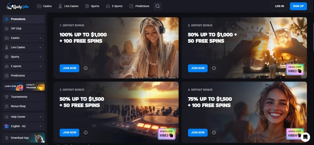 Lucky Vibe Australia promotions page with welcome and reload offers