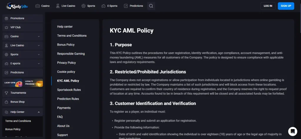 Lucky Vibe KYC and AML policy showing identity and address verification requirements