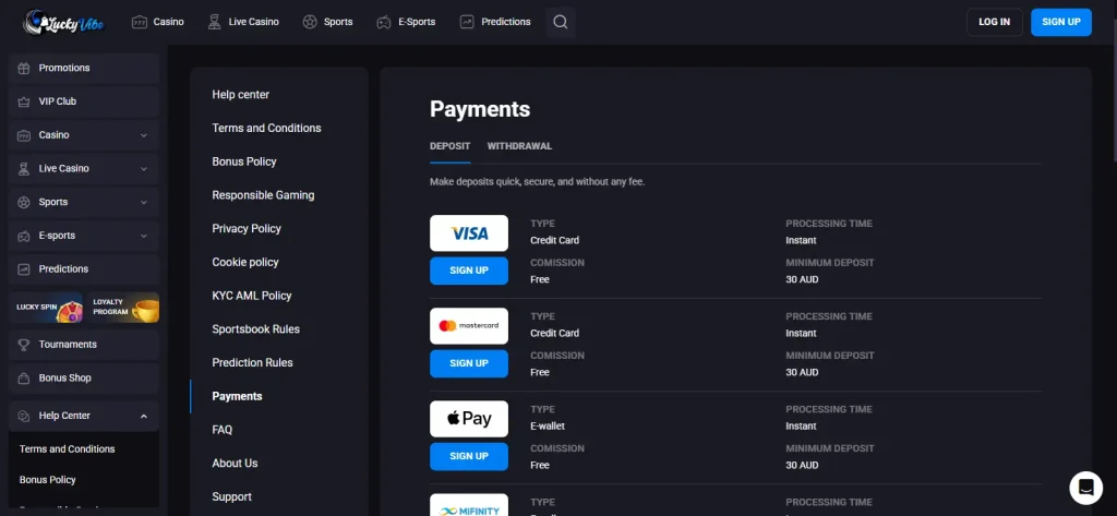 Lucky Vibe official payments page showing cards e-wallets bank transfer and cryptocurrency categories