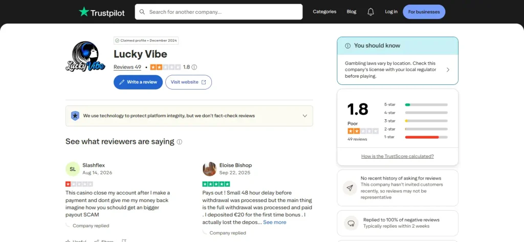 Lucky Vibe review platform page with recent customer review themes