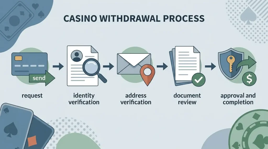 Neutral withdrawal verification flow from request through identity checks review and completion